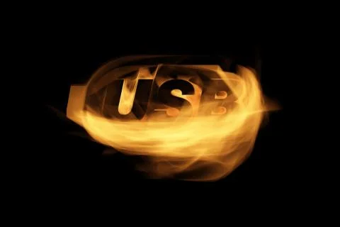 Yellow Burning Flames Effect on USB Icon Logo against black background Stock Illustration