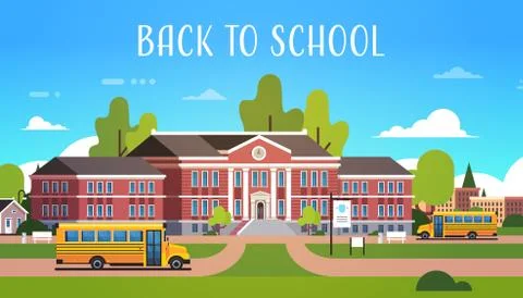 Yellow bus in front of school building exterior pupils transport concept 1 Ilustración de archivo