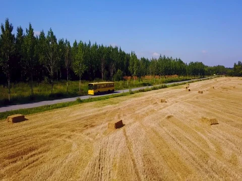 The yellow bus passes through nature Stock Footage 78747309