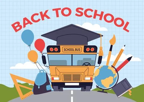 Yellow bus poster. Back to school banner, large graduation cap, kids education Stock Illustration