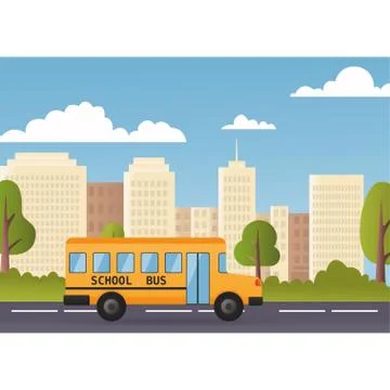 Yellow Bus Riding Back To School 1 September Flat Vector Illustration. Modern Stock Illustration