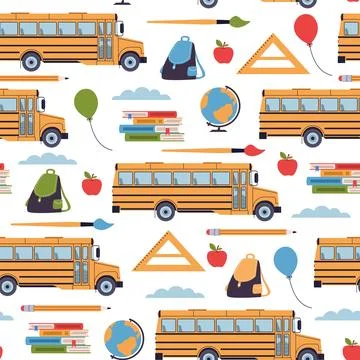 Yellow bus seamless pattern. Back to school elements, student transport, kids Illustrazione stock