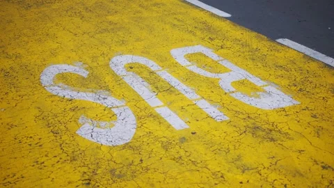 Yellow bus stop marking on asphalt road surface in 4K slow motion 60fps Stock Footage 293491799