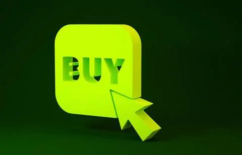 Yellow Buy button icon isolated on green background. Minimalism concept. 3d i Stock Illustration