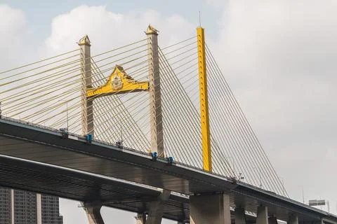 Yellow Cable-Stayed Bridge Tower Framed from Below in Bangkok Stock Photos