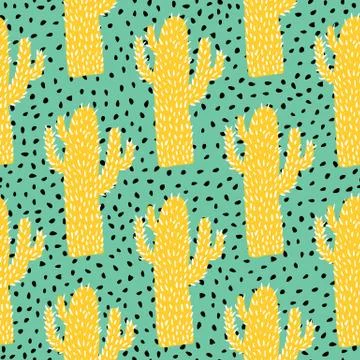 Yellow cactus seamless pattern on green background. Cacti doodle vector illus Illustrazione stock