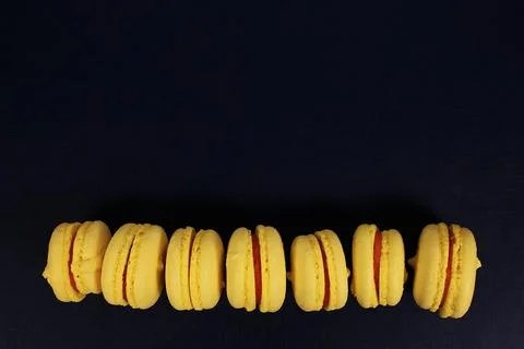 Yellow cake on a blue background, layout Stock Photos