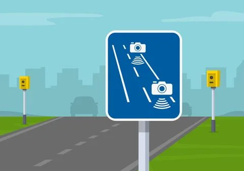 Yellow cameras placed in both sides of the road are detecting traffic speed. Stock Illustration