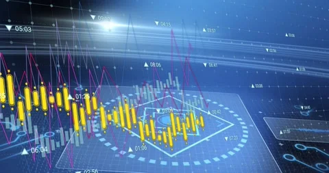 Yellow candlesticks rising from left, driven by data feed, tracking finance Stock Footage 331126081