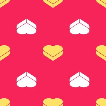 Yellow Candy in heart shaped box and bow icon isolated seamless pattern on red Stock Illustration