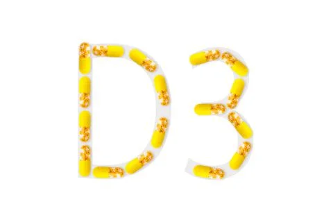Yellow capsules forming shape D3 on white background, Vitamin D3 concept Stock Photos