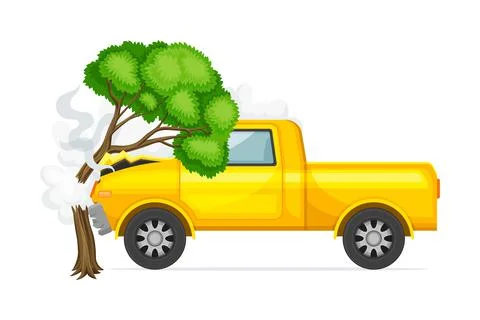 Yellow car damaged by a fallen tree. Auto insurance case concept vector Stock Illustration