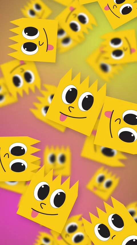 Yellow Cartoon Characters Falling Over Vibrant Mesh Gradient Background Stock Footage 343836460