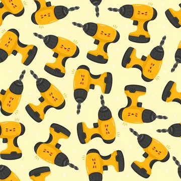 Yellow cartoon drill tools seamless pattern background Stock Illustration