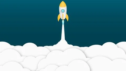 Yellow cartoon rocket. Background for your projects. White cloud of smoke. Ad 스톡 일러스트