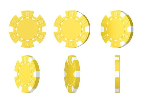 Yellow casino chips from different angles isolated on white background Stock Illustration