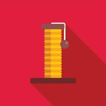 Yellow cat scratching post with hanging ball on red background 스톡 일러스트