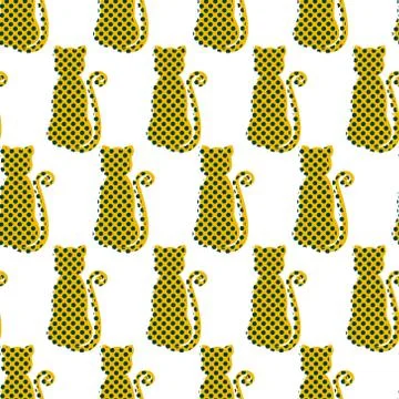 Yellow cats silhouettes with dots vector seamless pattern	 库存插图