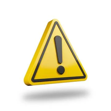 Yellow Caution sign with exclamation mark isolated on white background 3D. Illustrazione stock