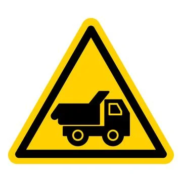 Yellow Caution Sign Featuring Dumper Truck Symbol in Triangle Shape Illustrazione stock