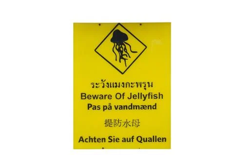 Yellow caution sign with multilanguage on white background. Stock Photos