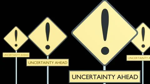 A Yellow Caution Sign with "UNCERTAINTY AHEAD" Text Stock Illustration
