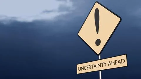 A Yellow Caution Sign with "UNCERTAINTY AHEAD" Text Stock Illustration