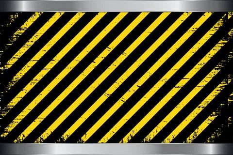 Yellow caution stripe background with metal steel and grunge. Stock Illustration