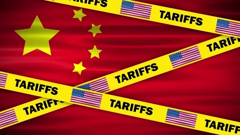 Yellow caution tape with usa flag and Tariffs word on waving China flag Stock Footage 310852672