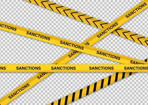 Yellow caution tape with the word SANCTIONS on transparent background Stock-Illustration