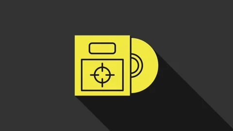Yellow CD or DVD disk in box icon isolated on grey background. Compact disc sign Stock Footage 147699080