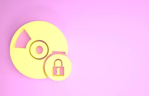 Yellow CD or DVD disk with closed padlock icon isolated on pink background. C Illustrazione stock