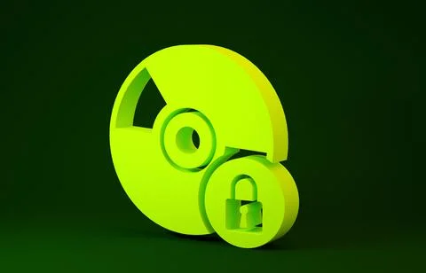 Yellow CD or DVD disk with closed padlock icon isolated on green background.  Stock Illustration