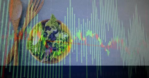 Yellow ceramic bowl left, data animating translucent bars and waveform over 스톡 사진
