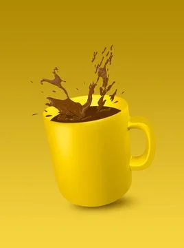 Yellow ceramic cup with splashes of coffee on yellow background for text Stock-Illustration
