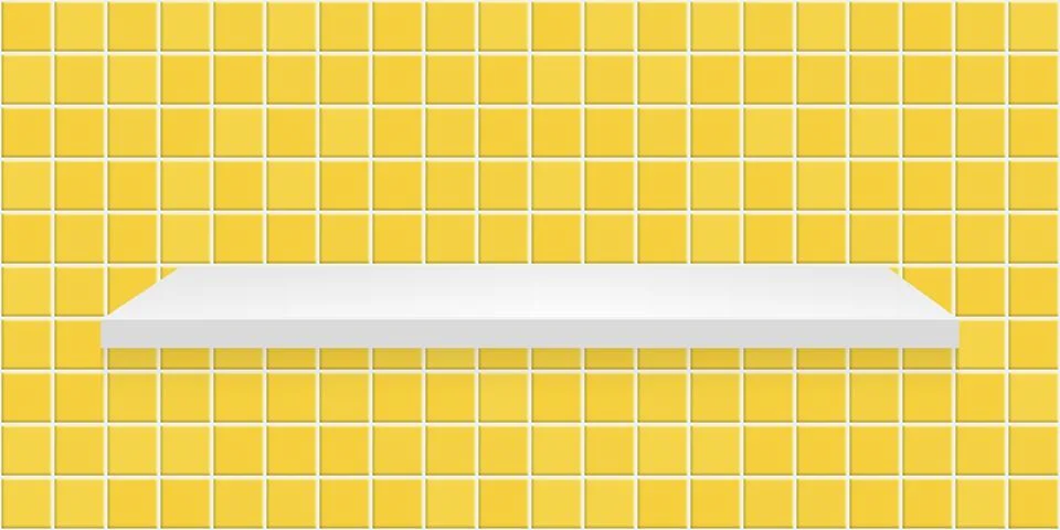 Yellow ceramic tile wall background with shelf. Seamless square tiled grid .. イラスト素材