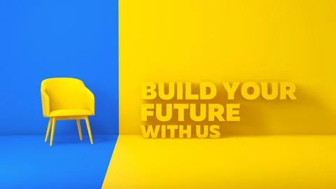 Yellow Chair on a Blue Backdrop and Title Text Build Your Future With Us. Illustrazione stock