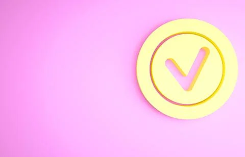 Yellow Check mark in round icon isolated on pink background. Check list butto 스톡 일러스트
