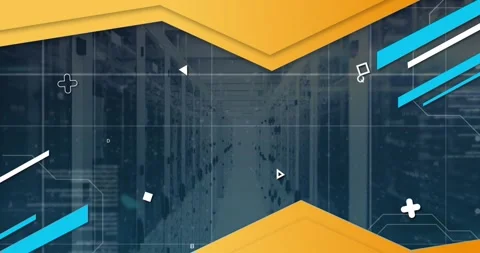 Yellow chevrons sliding in, HUD elements drifting, revealing central server Stock Footage 326974895