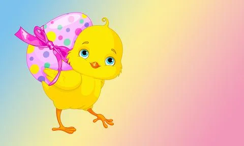Yellow chick carrying a pink Easter egg, on a blue yellow and pink gradient back Illustrazione stock