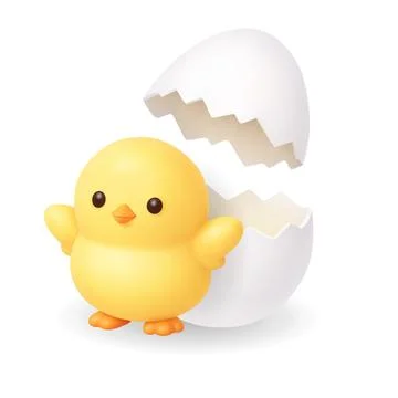 Yellow chick with cracked egg. 3D realistic Easter spring holiday illustration Stock Illustration