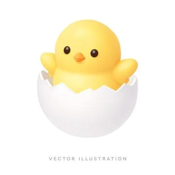 Yellow chick hatching from cracked egg shell. Easter 3D realistic icon vector Stock Illustration