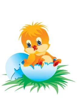 Yellow chick just hatched from an egg and sits in half shell on green grass Stock-Illustration