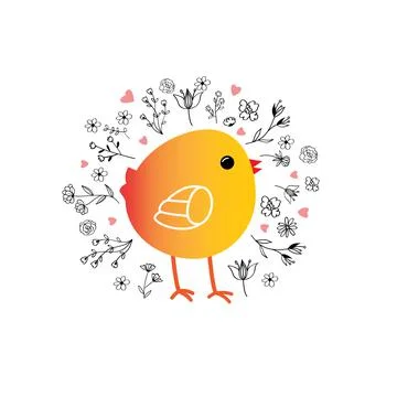 Yellow chick with many spring flowers Stock Illustration