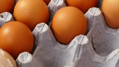 Yellow chicken eggs, standing in egg box Stock Footage 101093493