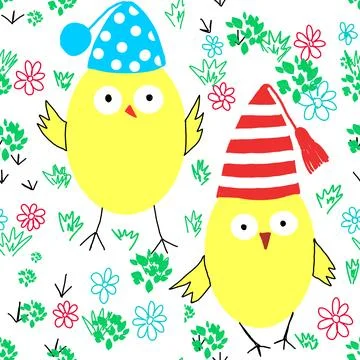 Yellow chickens on flowers seamless pattern for children Stock Illustration
