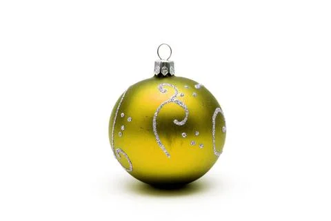 Yellow christmas ball with silver pattern isolated on white back Yellow ch... Stock Photos