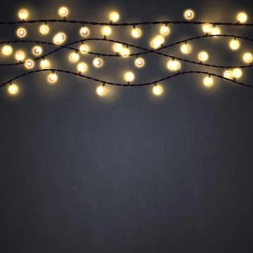 Yellow Christmas incandescent light strings on the dark gray background. Vector Stock Illustration