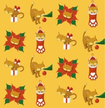 Yellow Christmas pattern with a cat Illustrazione stock