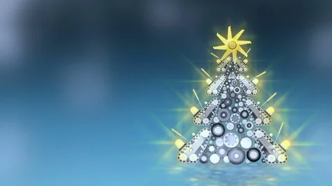 Yellow Christmas tree build from ground works vehicles components on blue BG. Stock Footage 70806934